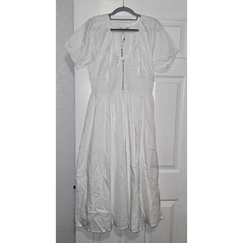 The Drop Women's White Dress Smocked Waist Midi Puff Sleeve New with Tags